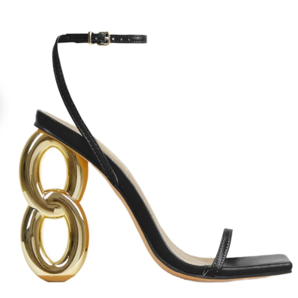 Black square toe sandal with gold chain heel, size 9, NEW